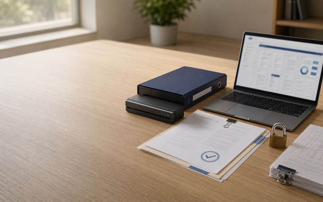Mesa de escritório em madeira ao lado de uma janela com uma planta: sobre ela, uma pasta de documentos azul-marinho apoiada em um scanner, um notebook exibindo um painel de gestão de documentos, folhas impressas presas por um clipe com um selo de aprovação, um cadeado dourado e uma pilha de papéis.